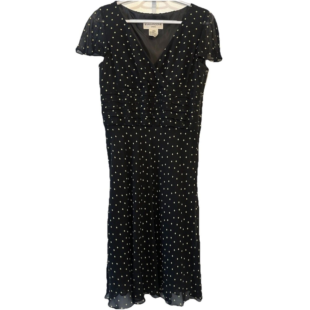 Evan Picone Black Polka Dot Midi Dress Size 10 V-Neck Short Sleeve